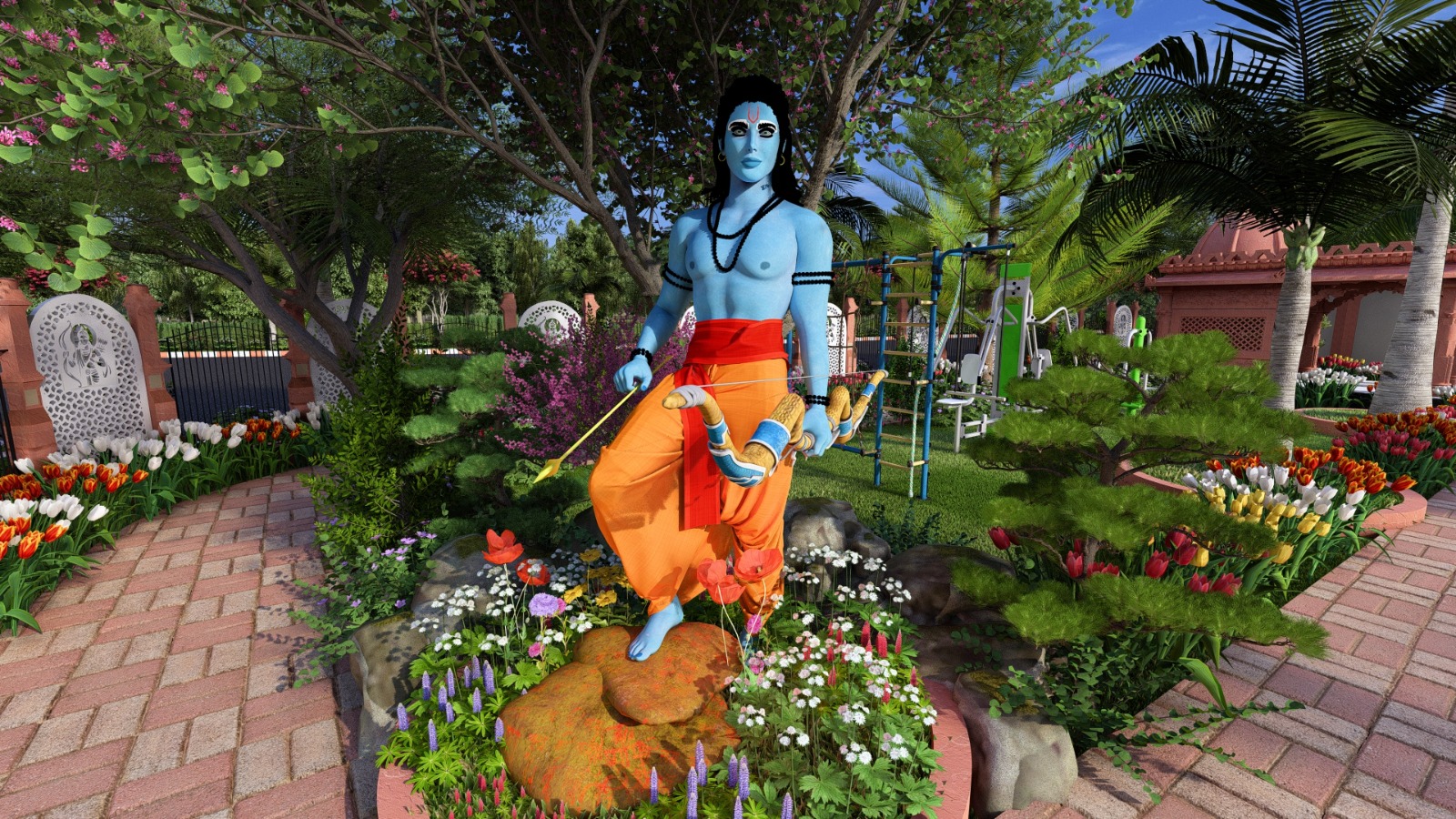 Architectural render of a statue within the landscaped garden