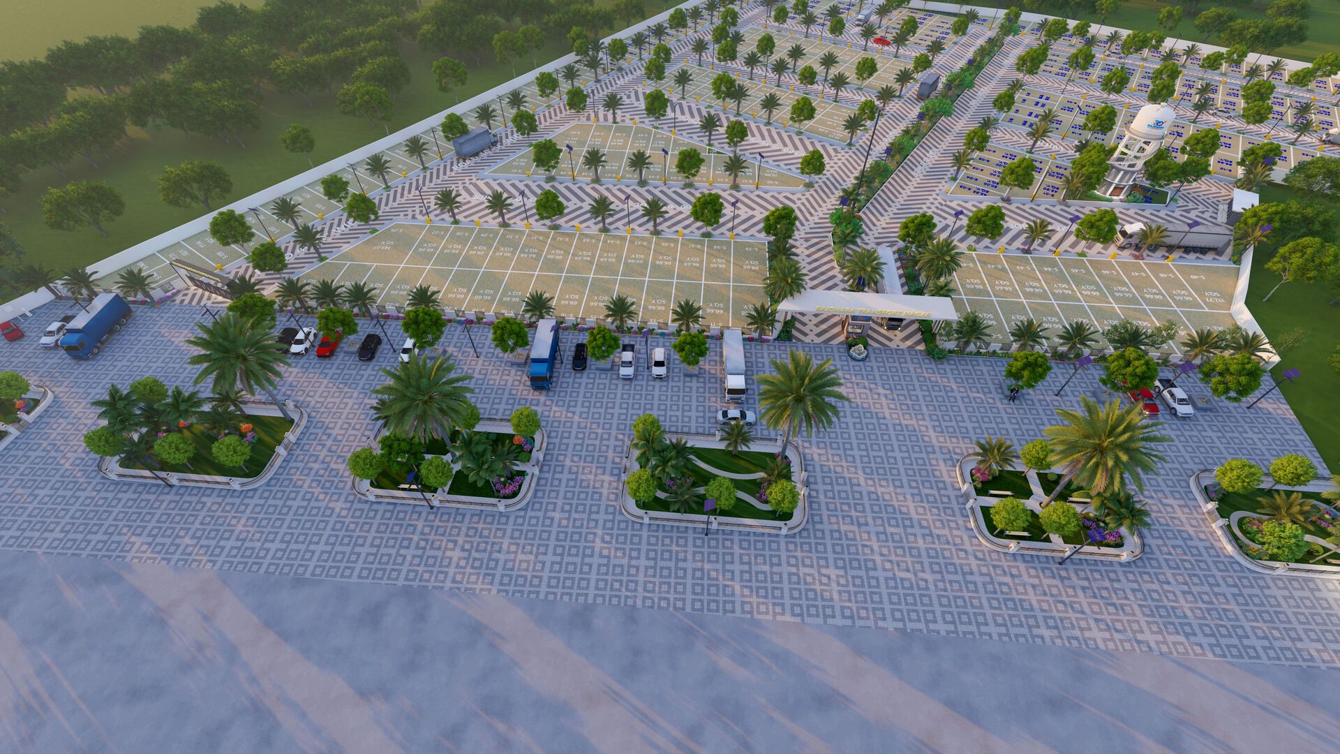 Aerial render of the Rajdhara Transport Nagar layout, showing numbered commercial plots and the landscaped frontage