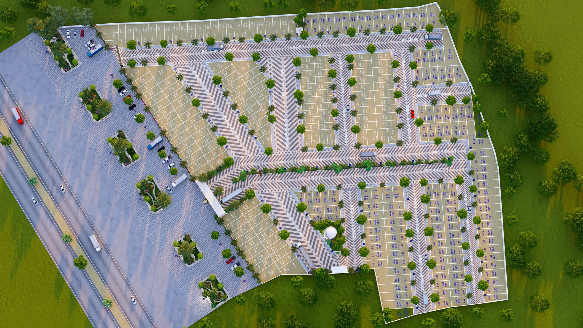 Top-down render of the full Rajdhara Transport Nagar master layout, with plot numbers and road widths marked