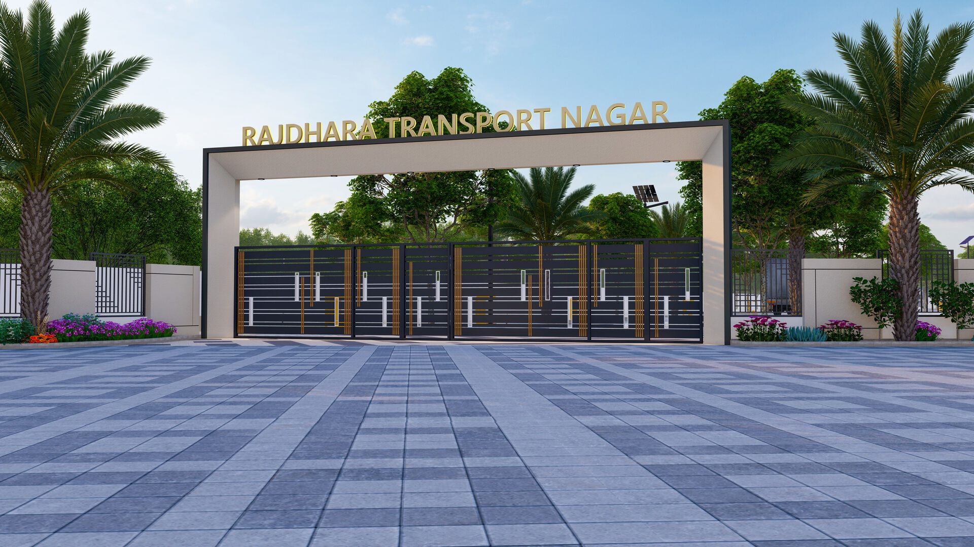 Architectural render of a gated entrance to Rajdhara Transport Nagar with the project name above the gate