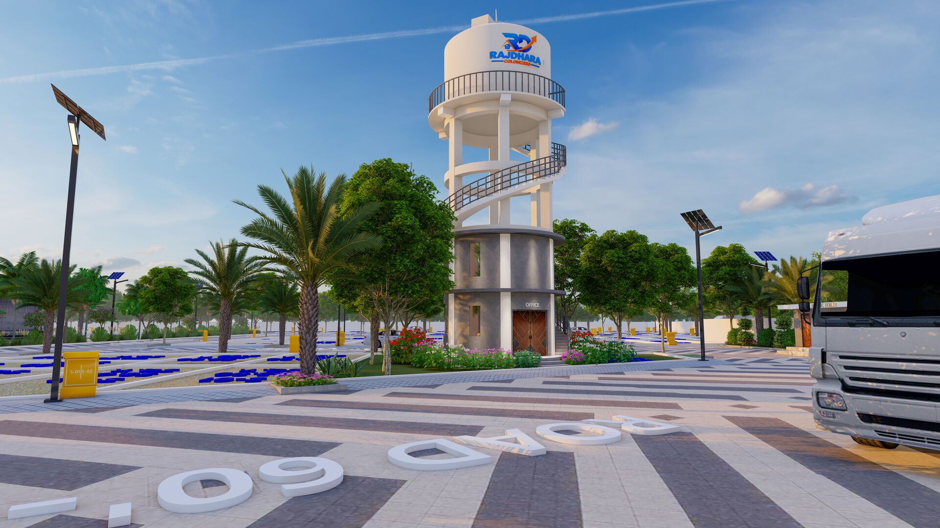 Architectural render of the overhead water tank with the site office at its base