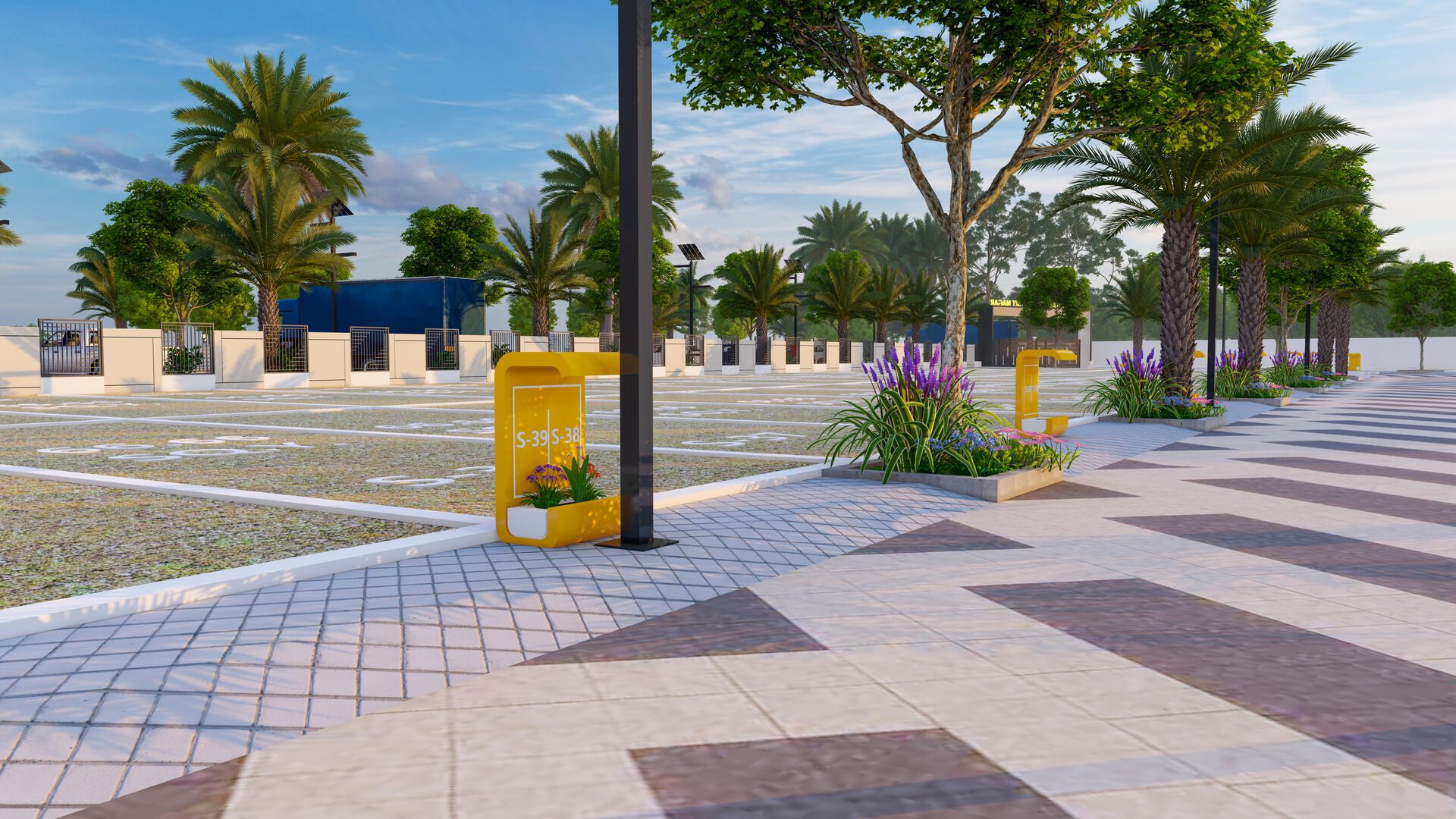 Architectural render of numbered plot markers and planters along a paved internal road