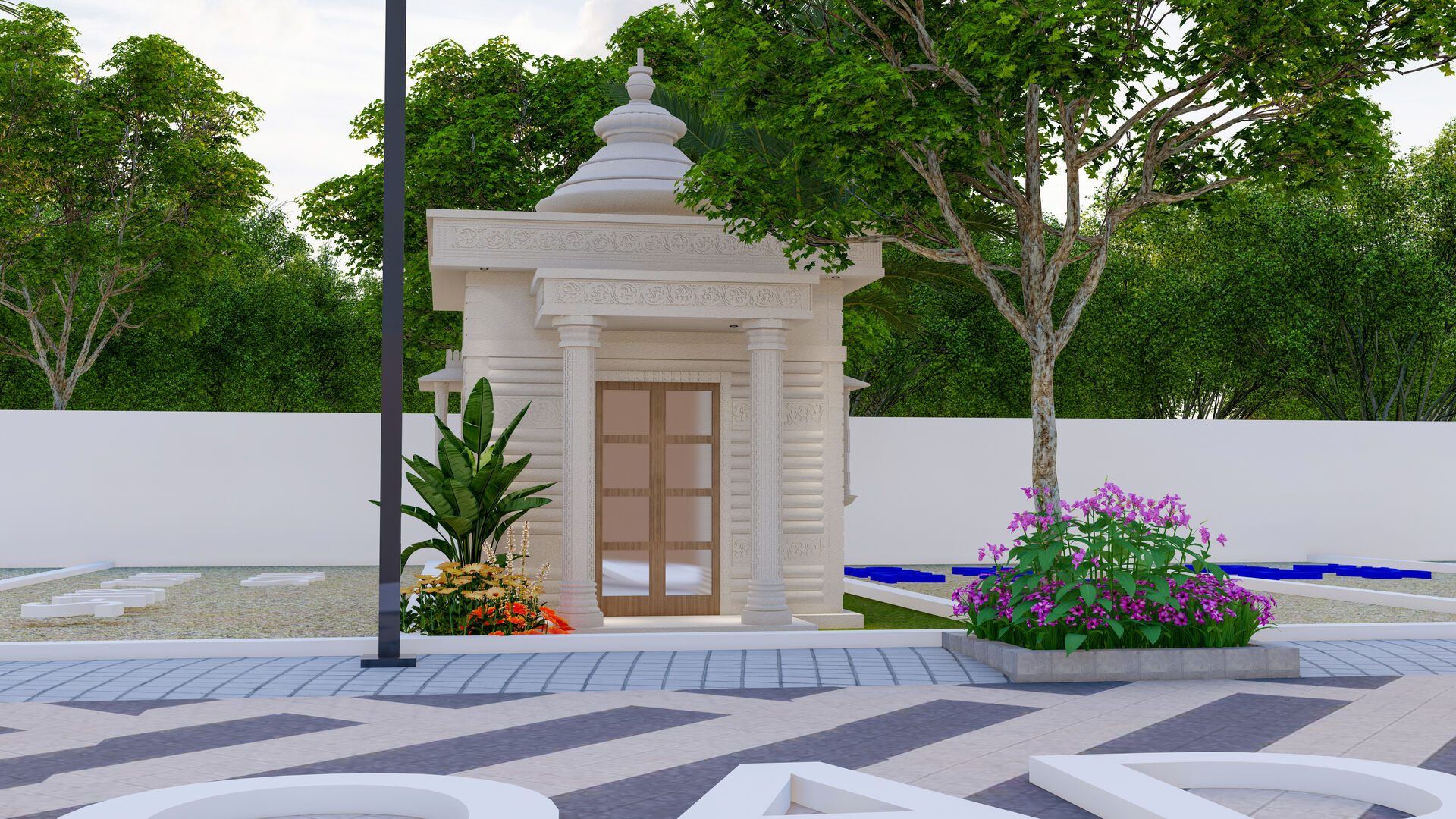 Architectural render of the temple proposed within the project