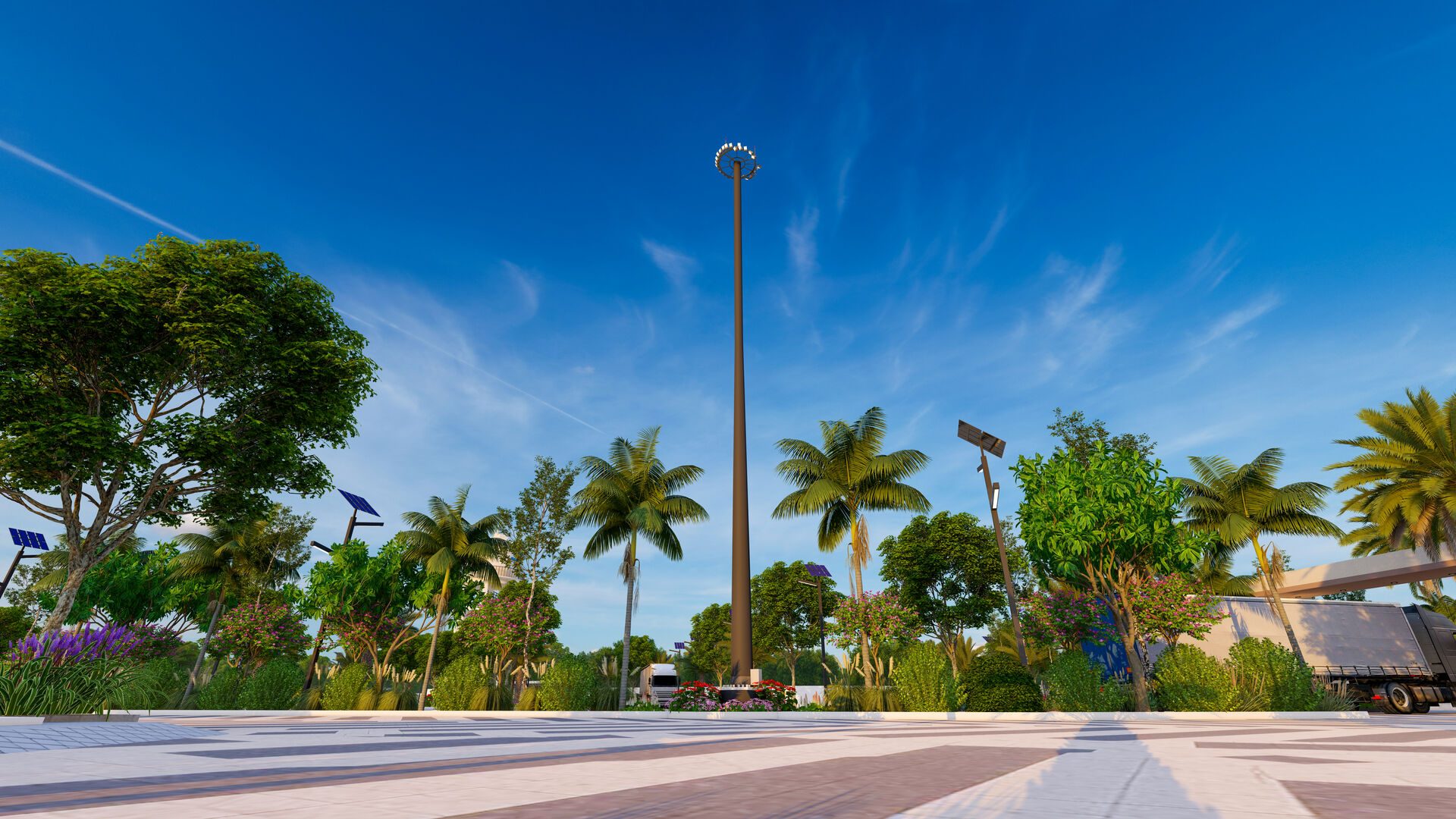 Architectural render of a high-mast light with solar street lights along the internal roads