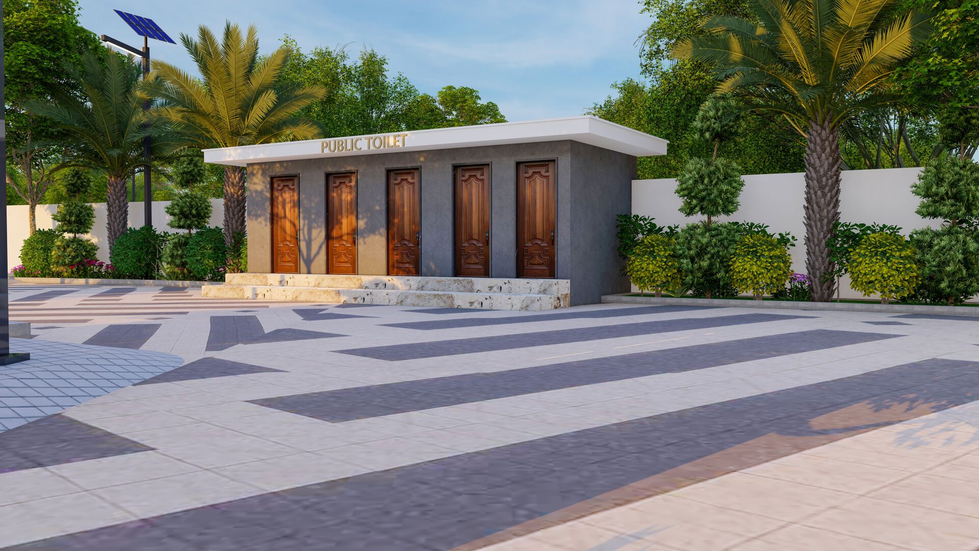 Architectural render of the public toilet block