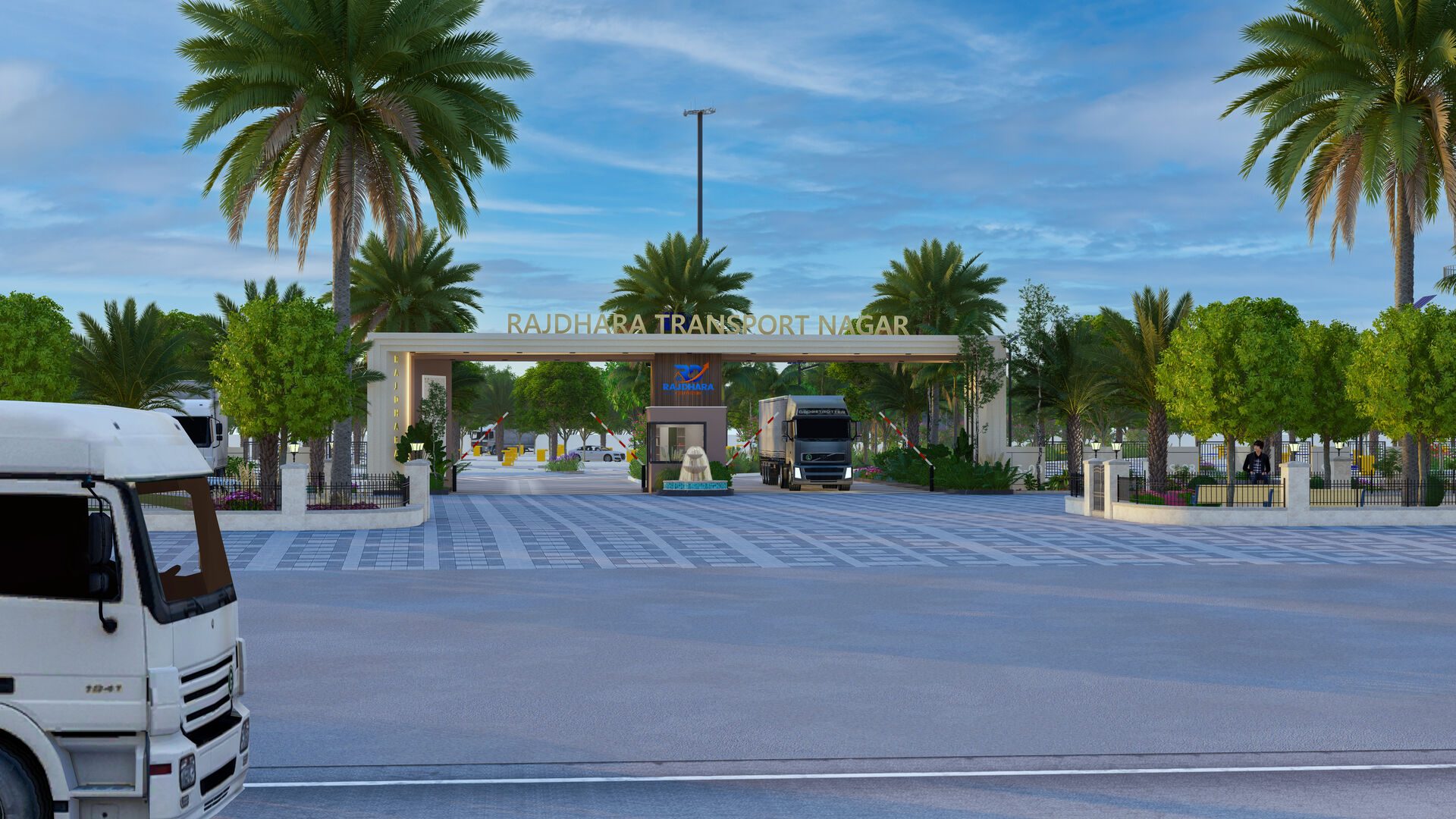 Street-level render of the Rajdhara Transport Nagar entrance from the road approach