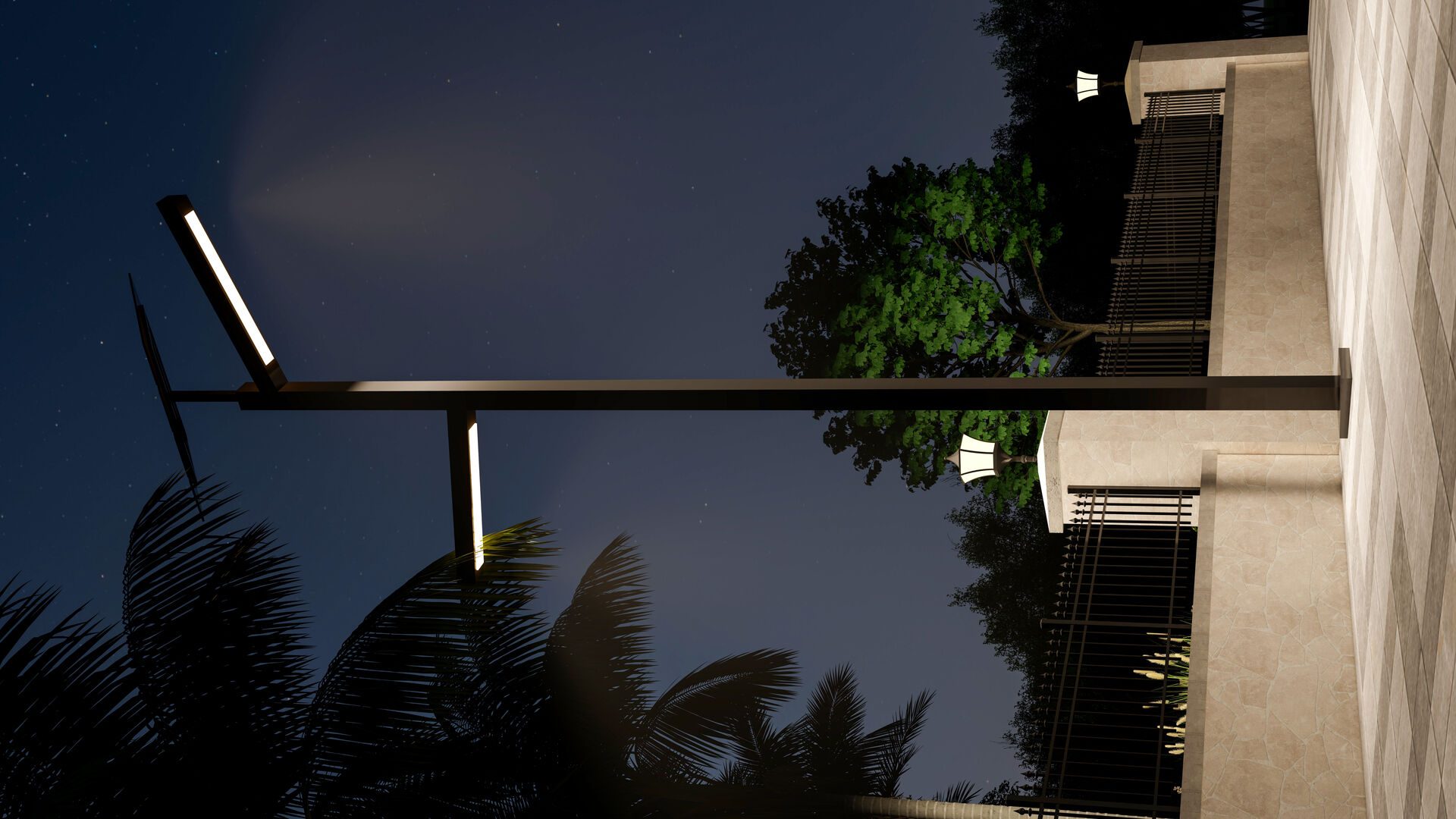 Night render of the solar street lighting beside the boundary wall