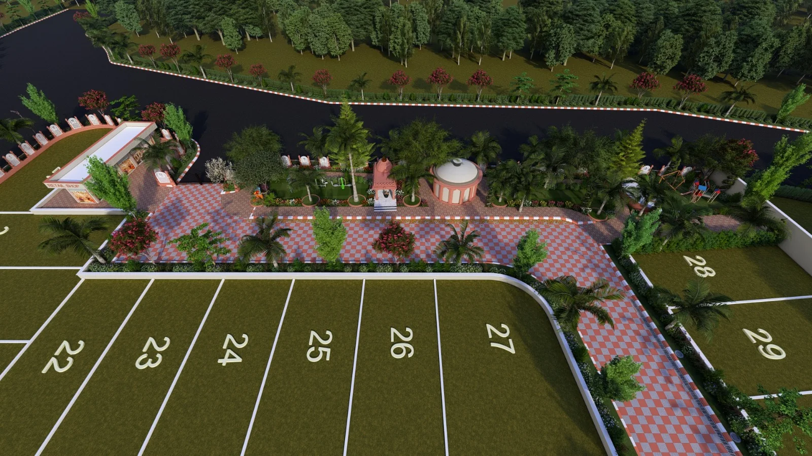 Aerial render of Raghunandan Enclave showing numbered residential plots beside the landscaped amenity strip with its temple, play area and retail shops