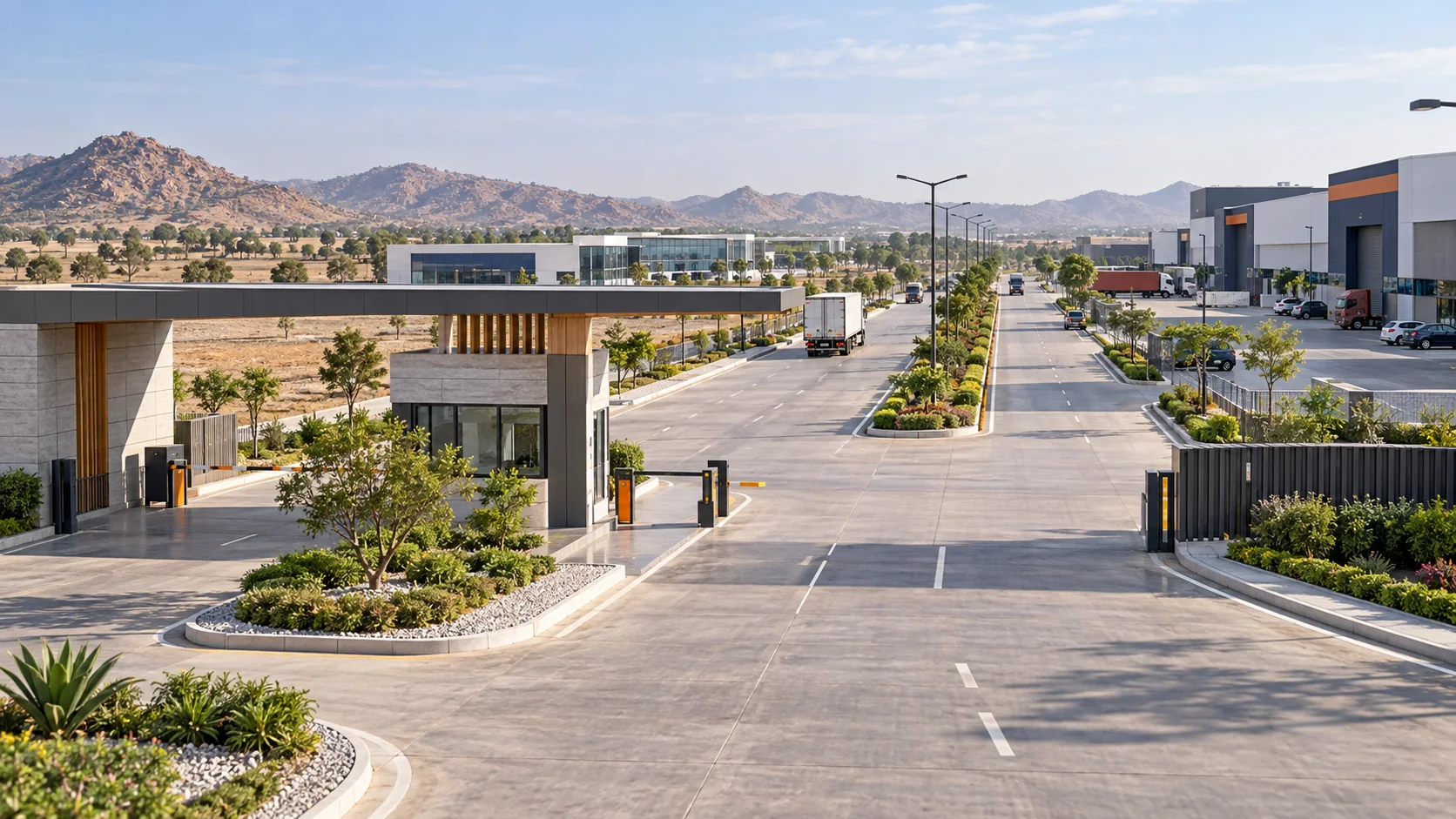 Illustrative render of a gated commercial plotted development with a broad divided internal road