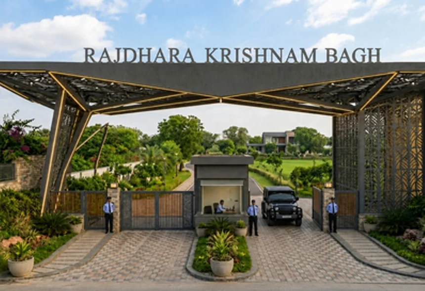 Entrance gate of Rajdhara Krishnam Bagh, with the project name on the canopy, security staff at the barrier and farm plots beyond