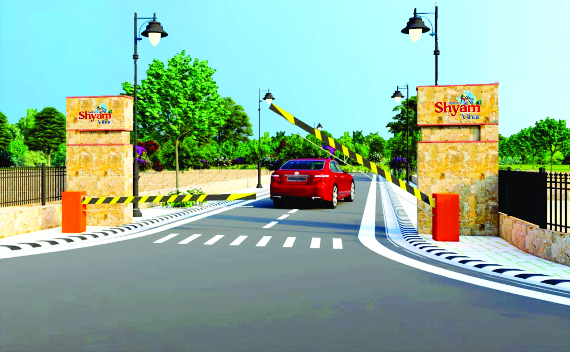 Architectural render of the Rajdhara Shyam Vihar entrance, with stone gate pillars, boom barriers and a tree-lined internal road