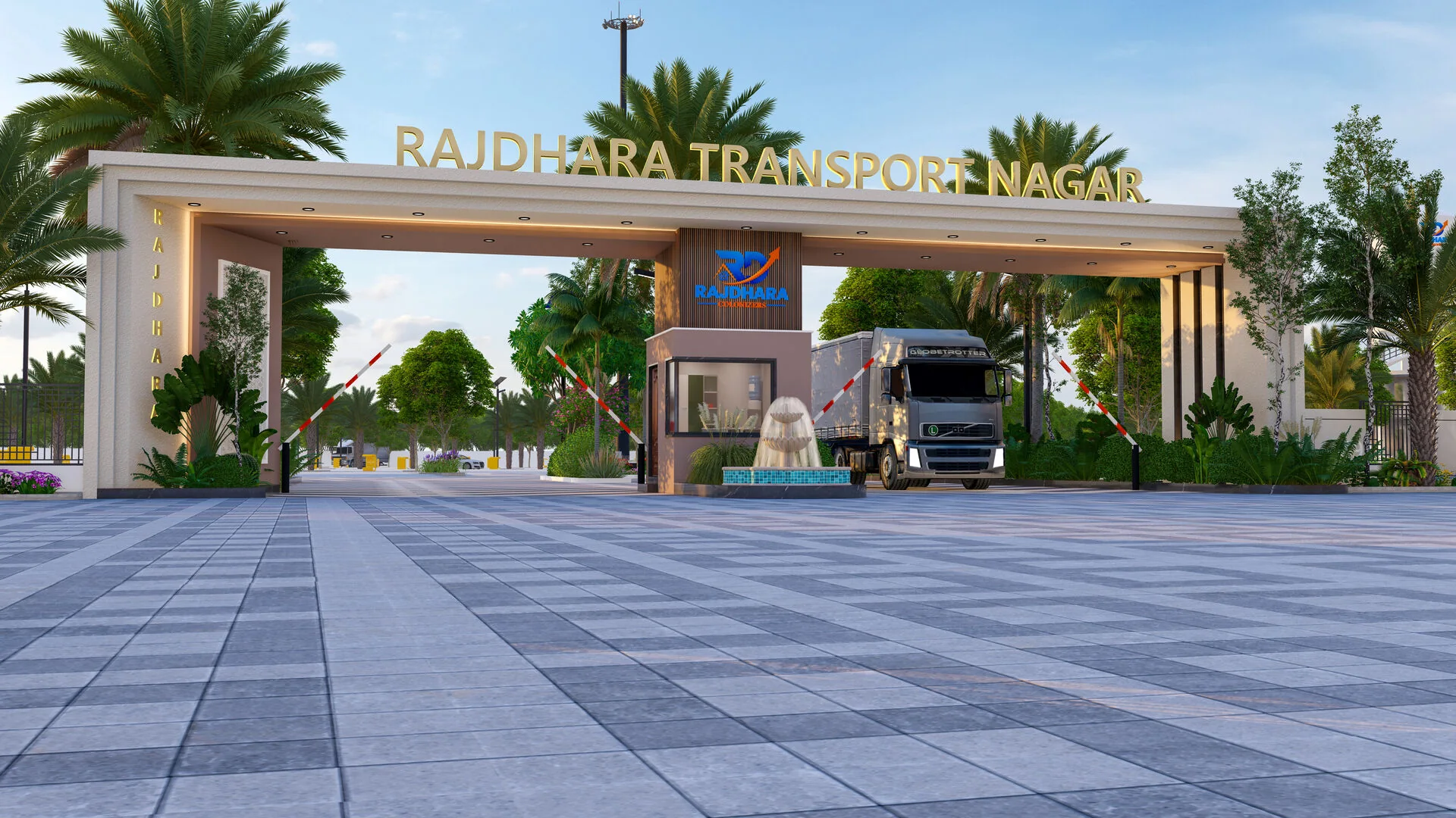 Architectural render of the Rajdhara Transport Nagar entrance arch at Dudu, with the security cabin and boom barriers beneath it